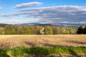Obraz premium Field under a beautiful sky with clouds on a sunny spring day
