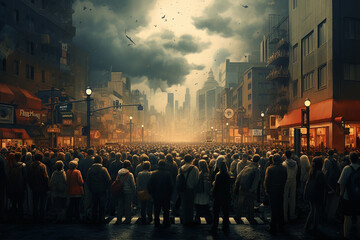A dense crowd in a dystopian cityscape under a dark, stormy sky