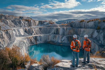 The environmental management team at a quarry assessing the impact of operations on the surrounding ecosystem,