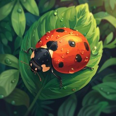   A ladybug perched on a green leaf, its back legs dotted with water droplets
