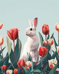   A white rabbit sits in a red and white tulip field, beneath a blue sky