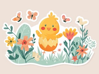  chicken in a flower field, surrounded by butterflies - one on back