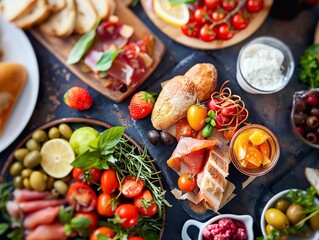 A sumptuous Mediterranean spread featuring a selection of cured meats, fresh fruits, cheeses, and vibrant vegetables, elegantly arranged for a gourmet feast