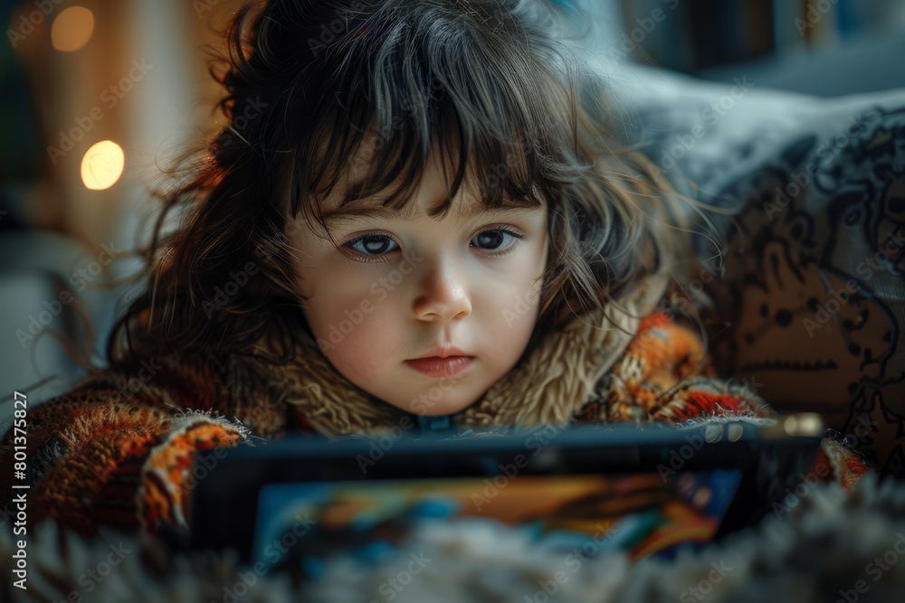Poster A child learning to read using an interactive e-book on a tablet, with animated characters,