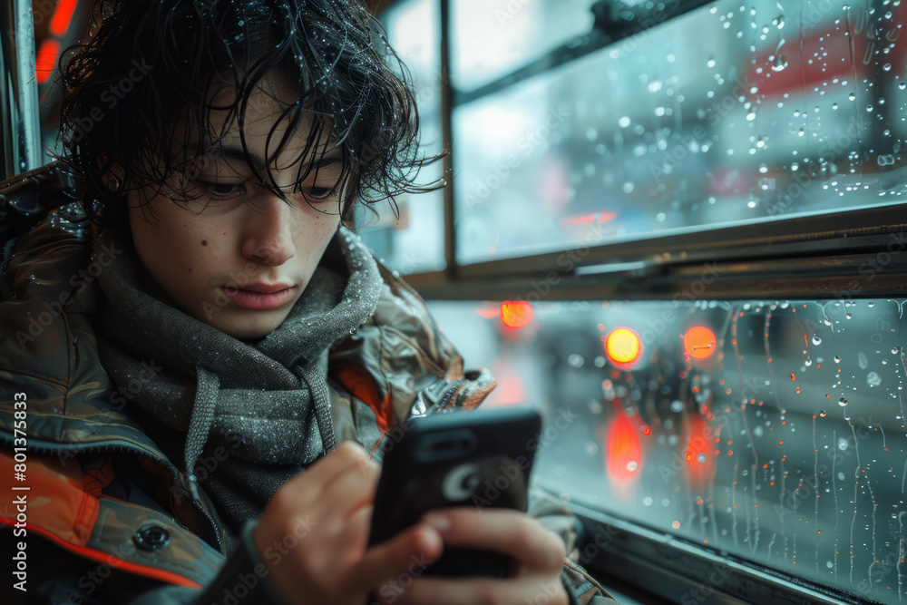 Poster A teenager using a smartphone to access educational apps while commuting on a bus,