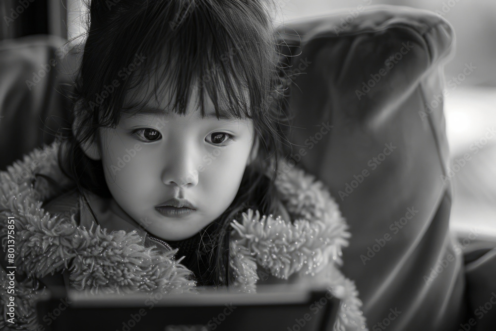 Poster A child learning to read using an interactive e-book on a tablet, with animated characters,