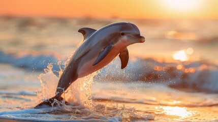  Dolphin leaping from shore at sunset, sun glinting on water behind