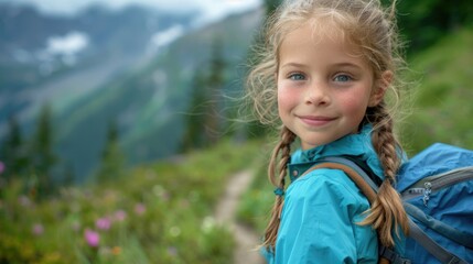A happy little girl with a backpack is standing in a grassland field, smiling with her hair blowing in the wind. She enjoys the natural landscape and leisure of the mountains AIG50