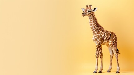   Giraffe faces sideways, gazes at camera against yellow backdrop