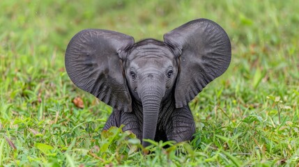   A baby elephant sits in the grass, its trunk elevated, head held high - obrazy, fototapety, plakaty