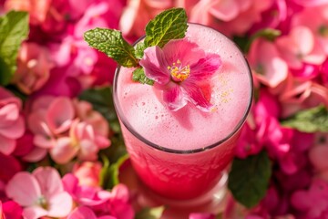 A rosy, frothy cocktail, frose, adorned with mint and a delicate flower, amidst a backdrop of vibrant pink blooms