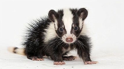   A small black-and-white animal sits on a white floor, beside a white wall against a white background