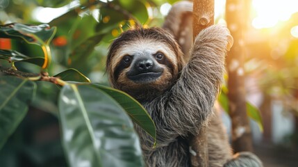   A three-toed sloth hangs from a tree branch in a tropical setting, bathed in sunlight filtering through the leaves
