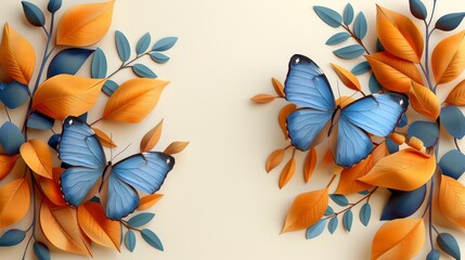   A few blue butterflies perch on a vibrant, yellow-orange leafy artwork mounted on the wall