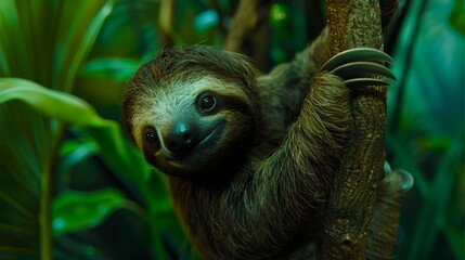   A three-toed sloth hangs from a tree branch against a lush, green tropical backdrop filled with foliage