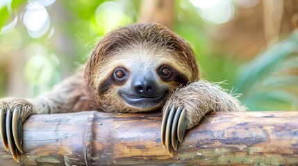 Obraz premium A brown-and-white sloth rests atop a tree branch, its head supported by a nearby log