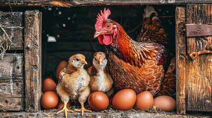   A group of chickens gathers near a barn door, beside a mound of brown eggs in an open setting A solitary chicken stands close by