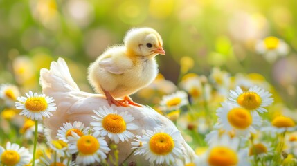   A small chicken perches atop a white chicken in a field adorned with yellow and white blooms, primarily daisies
