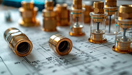 A variety of brass plumbing fittings are arranged on a set of blueprints.