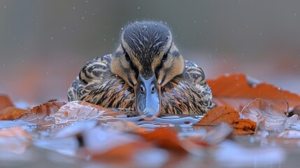   A tight shot of a duck submerged in a water body dotted with fallen leaves and speckled with water droplets on the surface