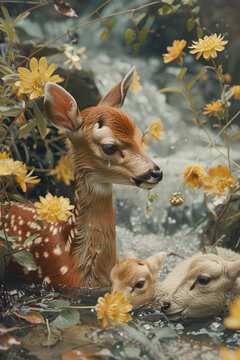 A spring collage illustrating the awakening of wildlife, with images of fawns, ducklings, and newborn lambs,