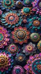 An intricate and colorful pattern of hand-embroidered flowers