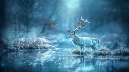  A deer stands in the heart of a forest's waterbody at night