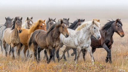   A herd of horses gallops through a dry, grass-covered field interspersed with tall grasses and wildflowers