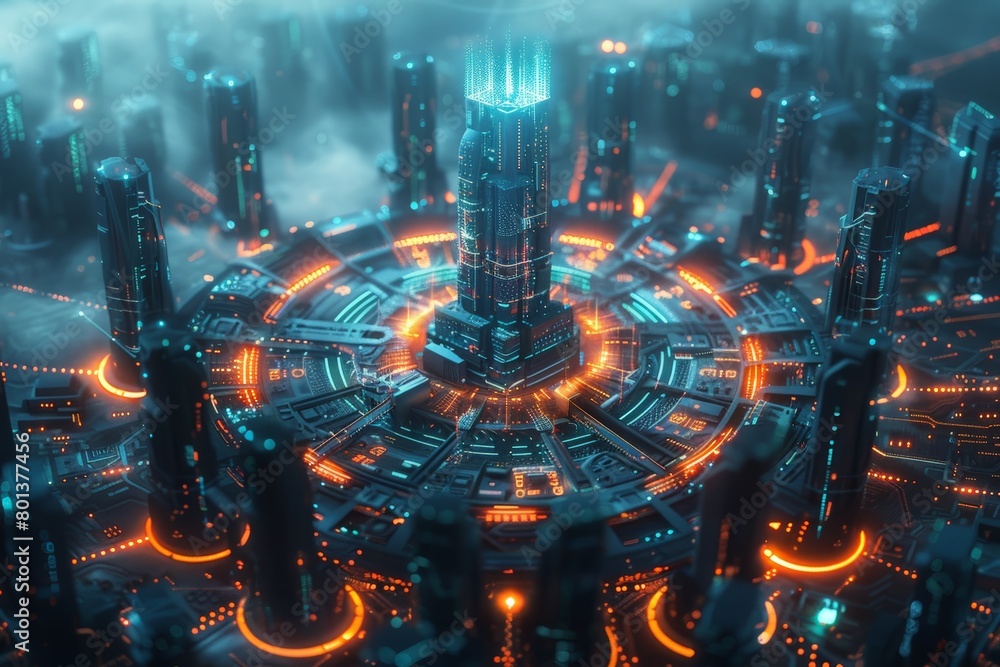 Aufkleber luminous cybernetic city with a towering central structure, illuminated pathways suggest a robust di