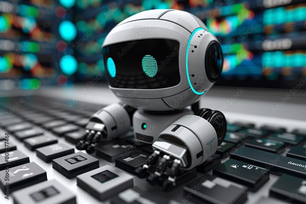 Poster robot with expressive digital eyes sits on keyboard, reflecting colorful data screens; embodies tech