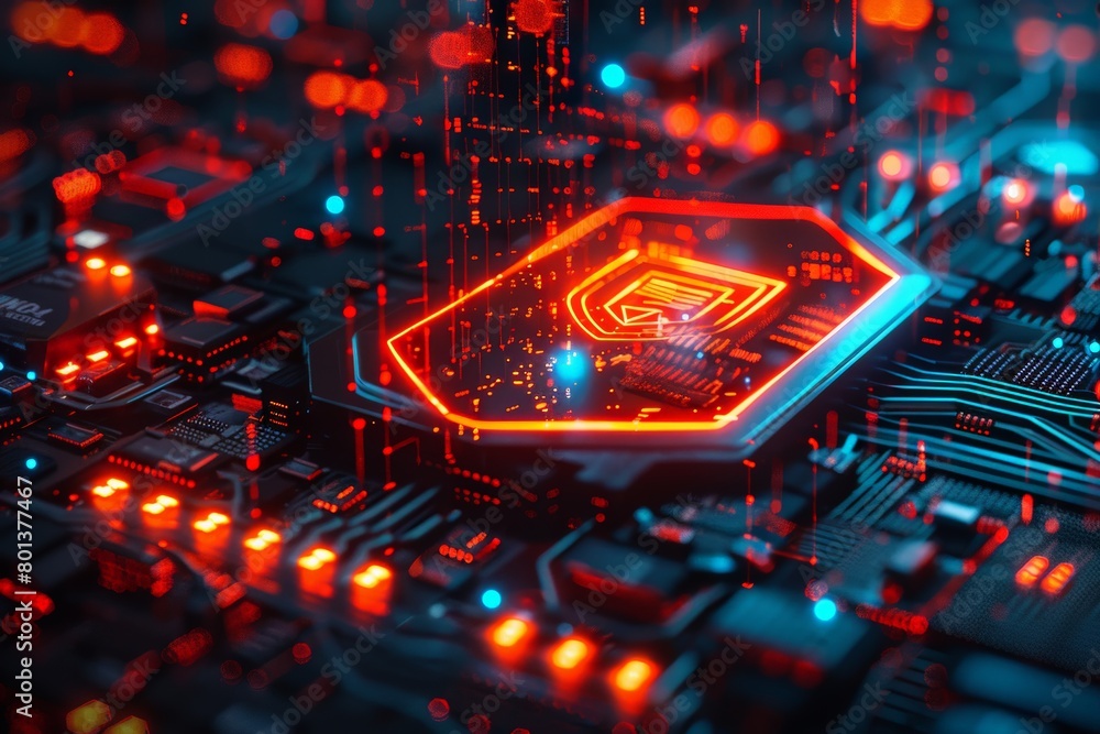 Poster vibrant red cybersecurity shield pulsates over complex circuit board, representing active scanning a
