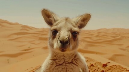 Obraz premium A tight shot of a tiny kangaroo in a desert landscape, surrounded by sand dunes, under a vast, blue sky
