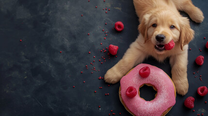 Cachorro fofo com uma grande rosquinha rosa de framboesa 