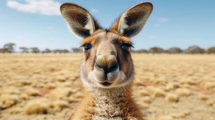 Fototapeta premium A tight shot of a kangaroo's face against a backdrop of a green field and a clear, blue sky