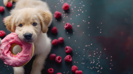 Cachorro fofo com uma grande rosquinha rosa de framboesa  - obrazy, fototapety, plakaty