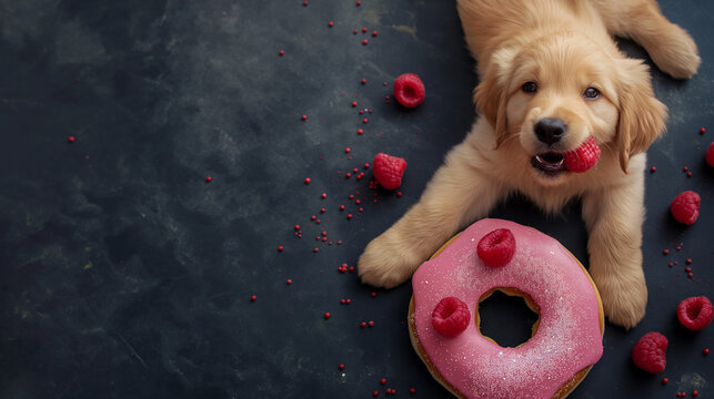 Cachorro fofo com uma grande rosquinha rosa de framboesa 