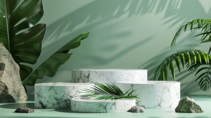 A marble podium with a green background and palm leaves.