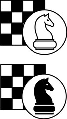Chess icons. Black and White Vector Icons of Chessboard and Knight Pieces. Chess figure. Board Game Concept