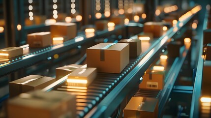 concept of supply chain management with a cinematic shot of parcels in various stages of processing on conveyor belts in a busy distribution center.