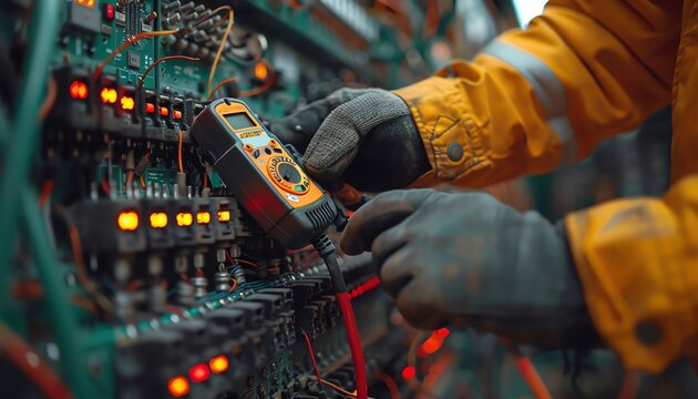 An electrical engineer wearing protective gloves and safety glasses uses a multimeter to troubleshoot a complex electrical circuit board.