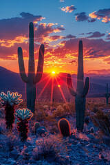 A dramatic desert landscape at sunset, with long shadows and cacti silhouetted against a fiery sky,