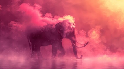   An elephant stands in a body of water, emitting pink and yellow smoke from its trunk