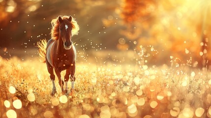   A horse gallops across a sunlit grassy field, its back bathed in sunlight; mane billows in the wind
