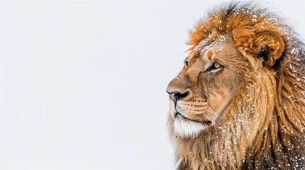   A tight shot of a lion's face, covered in snow against a pristine white backdrop