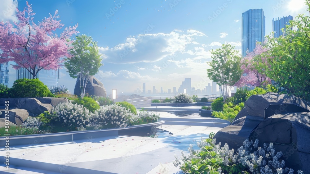 Poster a serene and peaceful rooftop garden where individuals can engage in relaxation techniques and menta