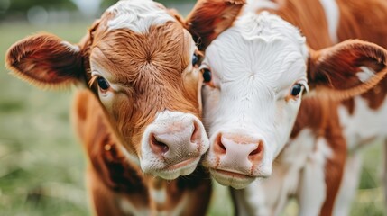   Two cows, one brown and one white, stand side by side on a verdant green field A blue sky stretches overhead