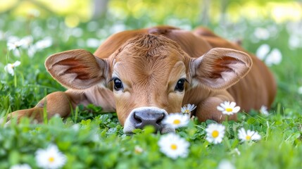   A tight shot of a cow reclining in a lush grassy field, adorned with daisies in the foreground, and trees framing the backdrop
