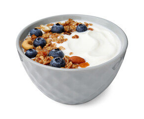 Bowl with yogurt, blueberries and granola isolated on white