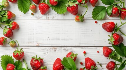 Fresh strawberries with leaves scattered on a white wooden background, ideal for food advertising.