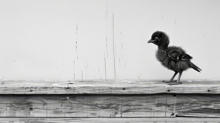 Fototapeta premium A black-and-white image of a small bird on a weathered wooden ledge against a white background